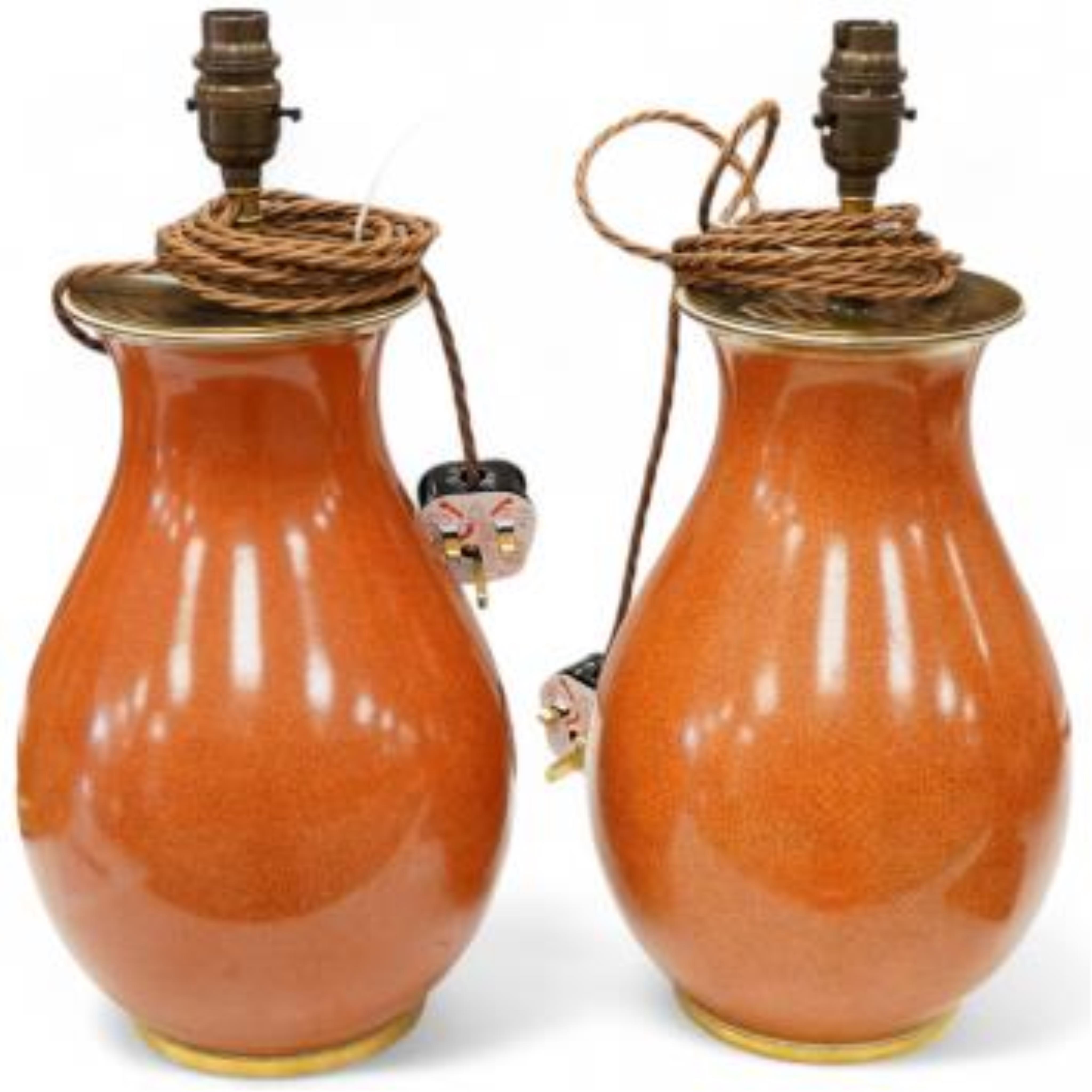 A pair of Royal Copenhagen coral crackle glaze vases adapted as lamps, overall 41cm high